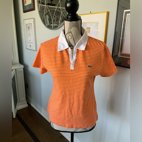 LACOSTE Striped Orange & White Polo Top Women’s Made in France Size Medium - Picture 11 of 11
